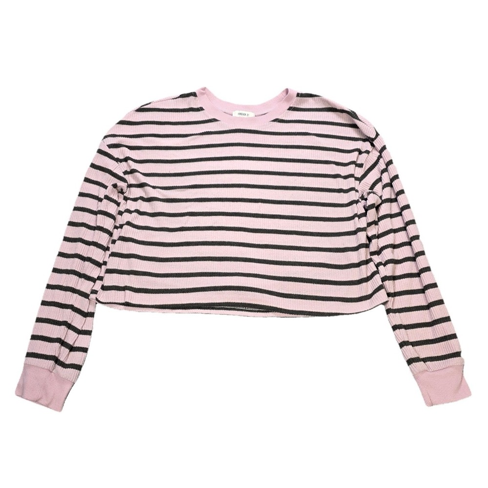 Forever 21 Ribbed Knit Crop Top Women's Size M Pink Black Striped Long Sleeve